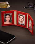 Mini leather trifold photo frame, red, 60 x 40mm, lifestyle