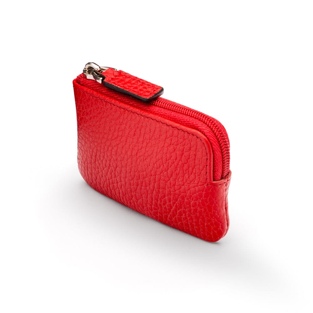 Miniature leather coin purse with key chain, red, top