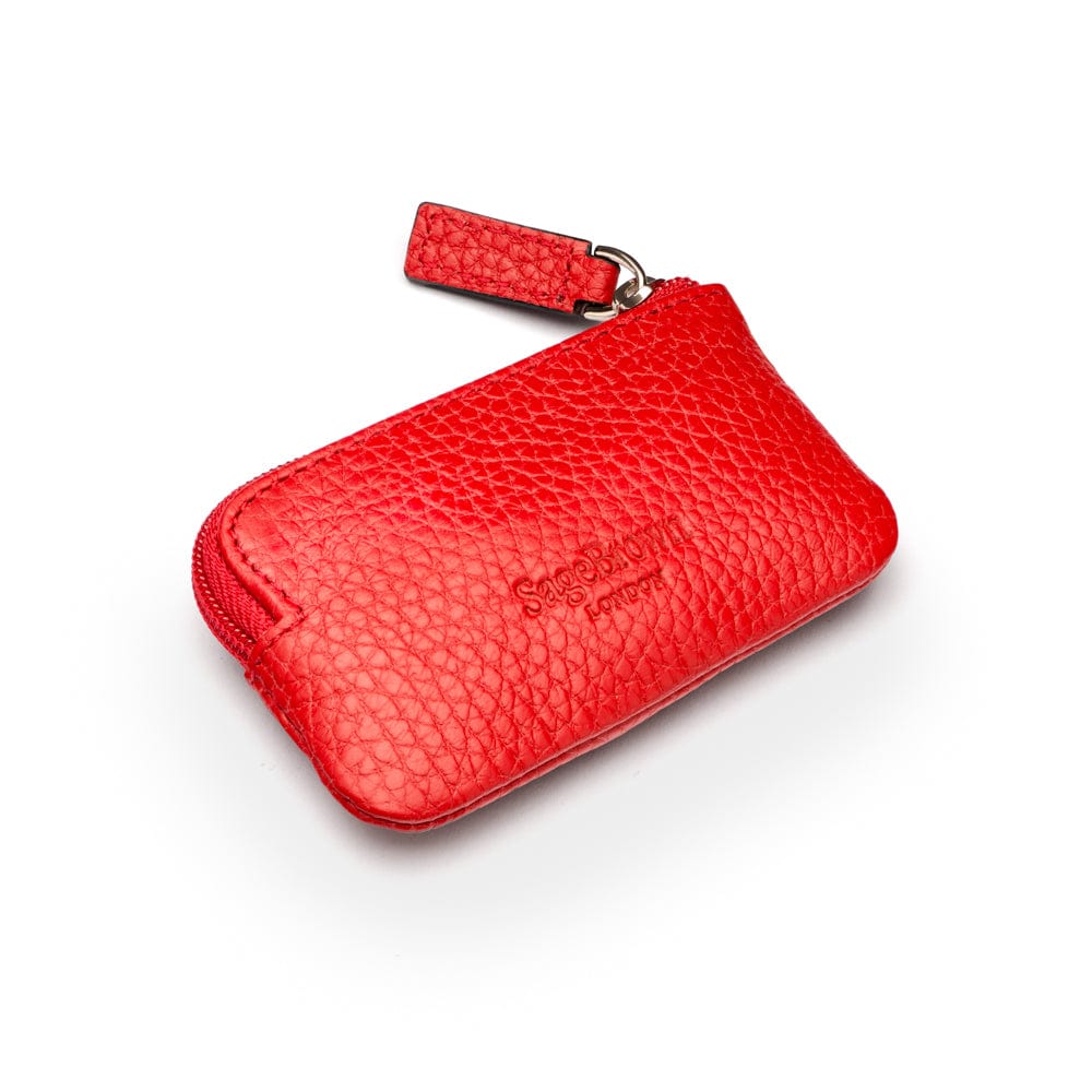 Miniature leather coin purse with key chain, red, back