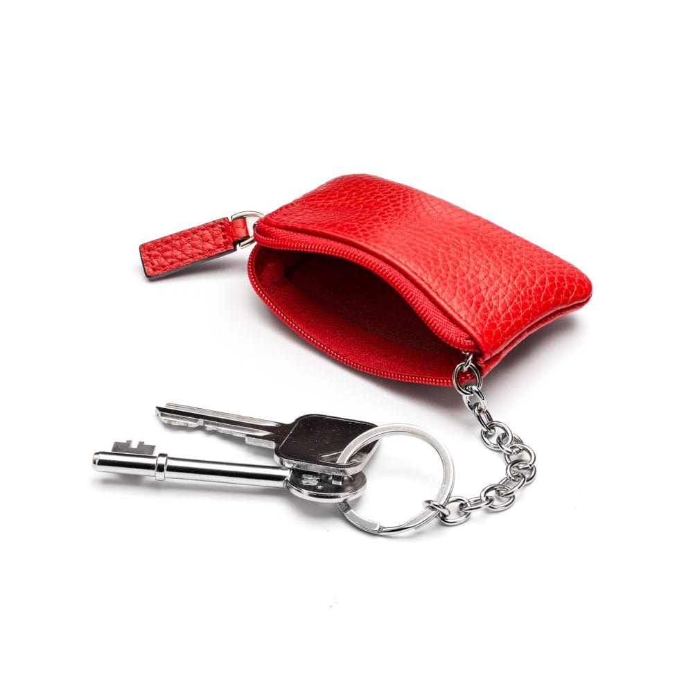 Miniature leather coin purse with key chain, red, inside