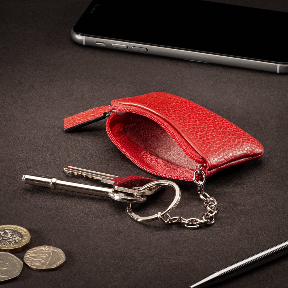 Miniature leather coin purse with key chain, red, lifestyle