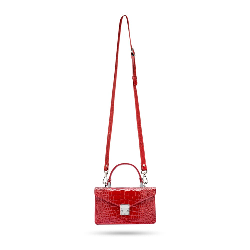 Luxury Leather Maya Top Handle Crossbody Bag, Red Patent Croc, with long shoulder strap