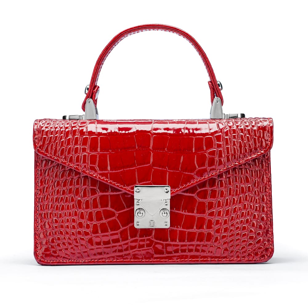 Luxury Leather Maya Top Handle Crossbody Bag, Red Patent Croc, front