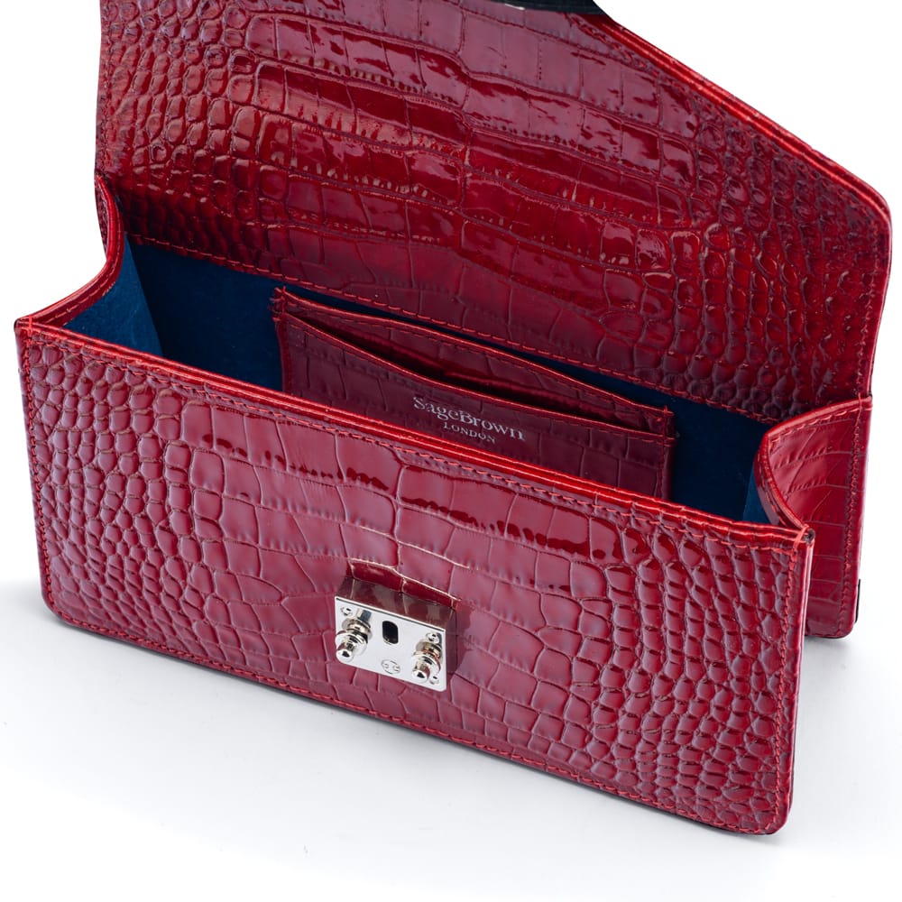 Luxury Leather Maya Top Handle Crossbody Bag, Red Patent Croc, inside