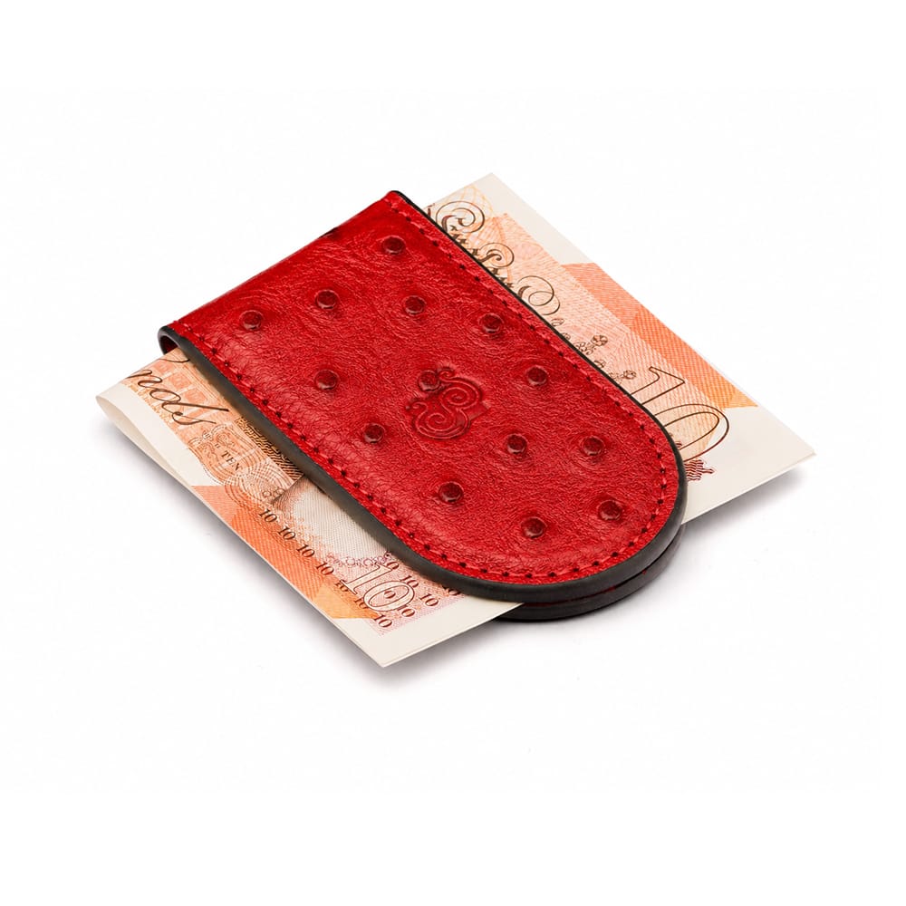 Real Ostrich Leather Magnetic Money Clip, Red, front view