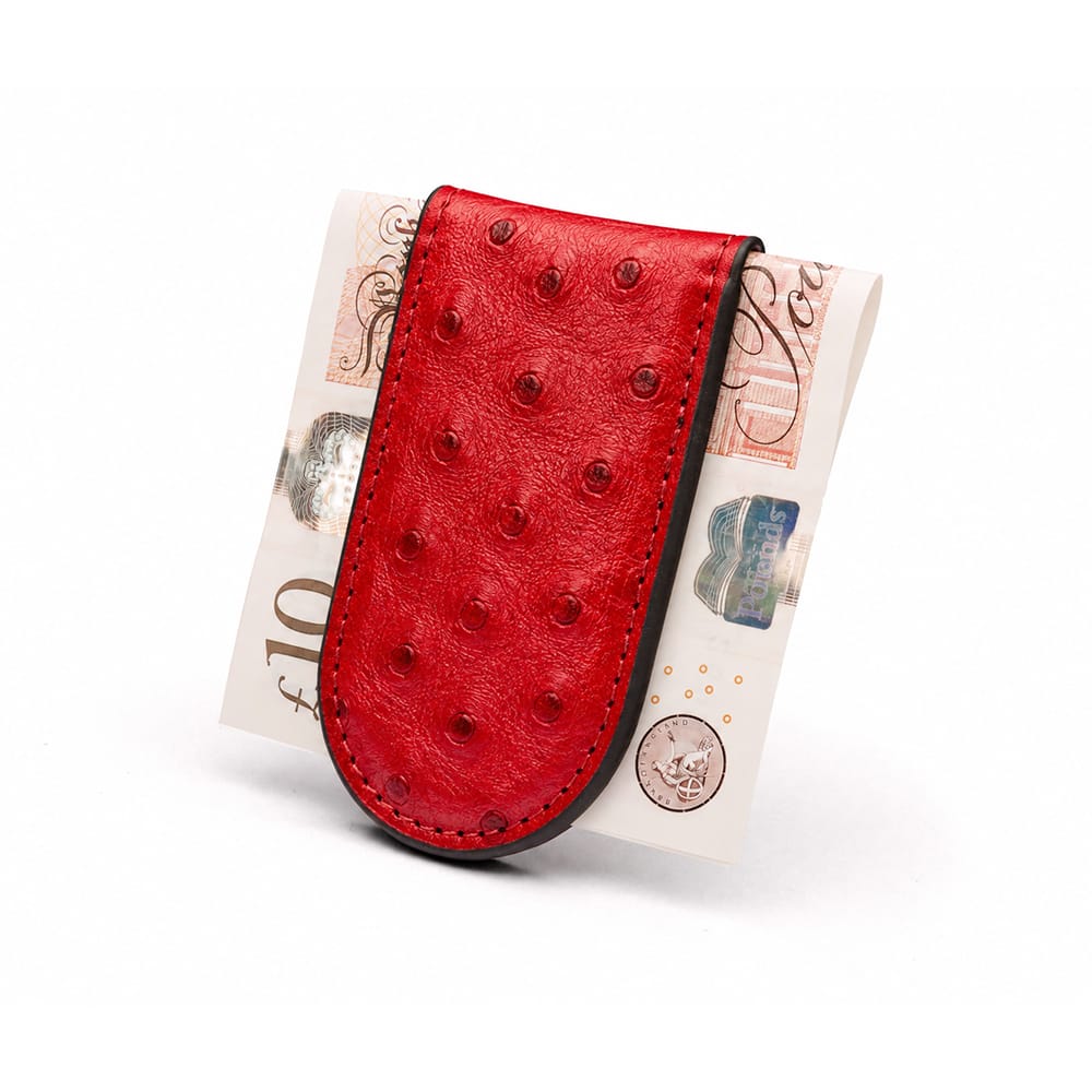 Real Ostrich Leather Magnetic Money Clip, Red, back
