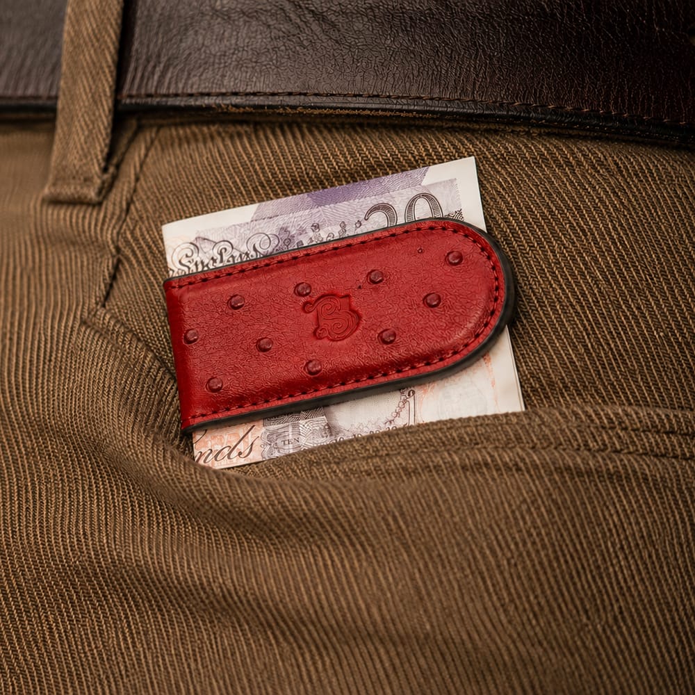 Real Ostrich Leather Magnetic Money Clip, Red, lifestyle view