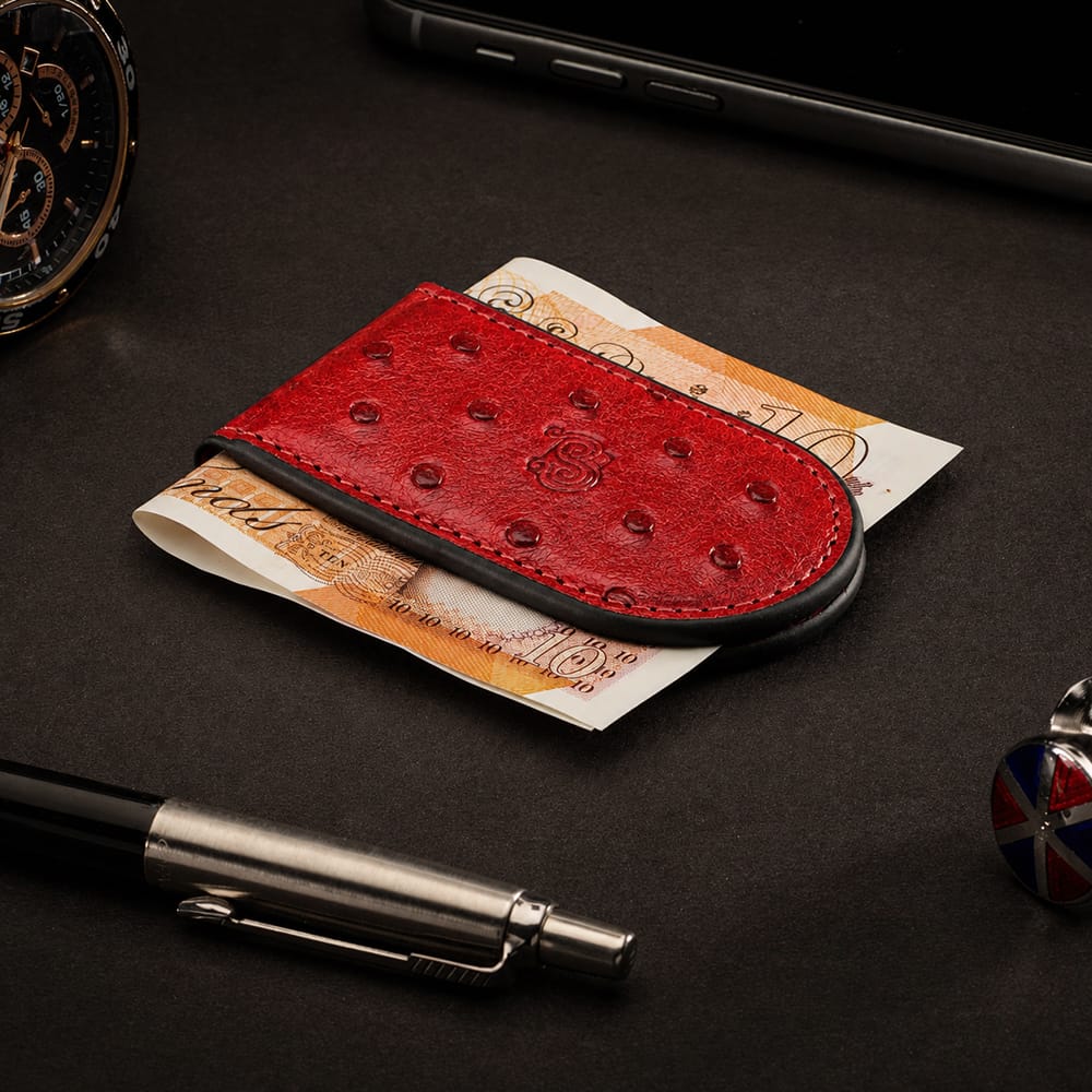 Real Ostrich Leather Magnetic Money Clip, Red, lifestyle