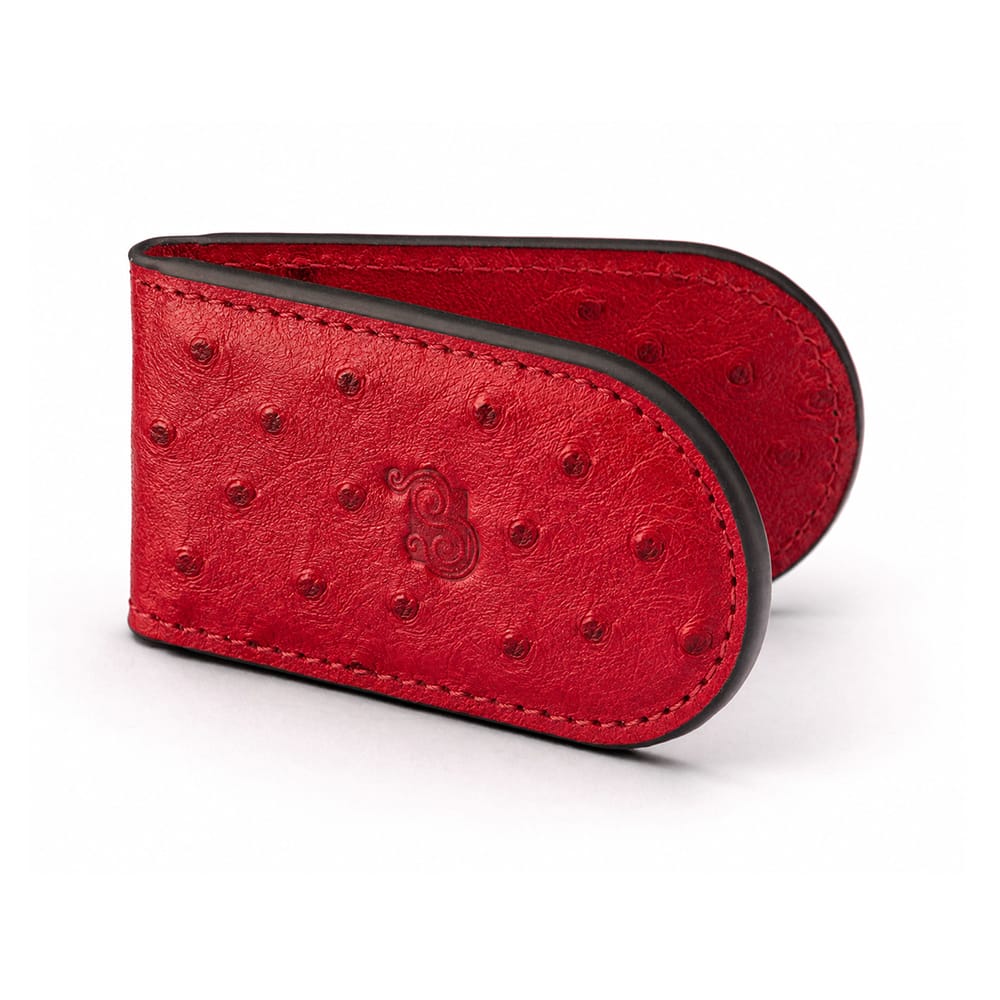 Real Ostrich Leather Magnetic Money Clip, Red, front