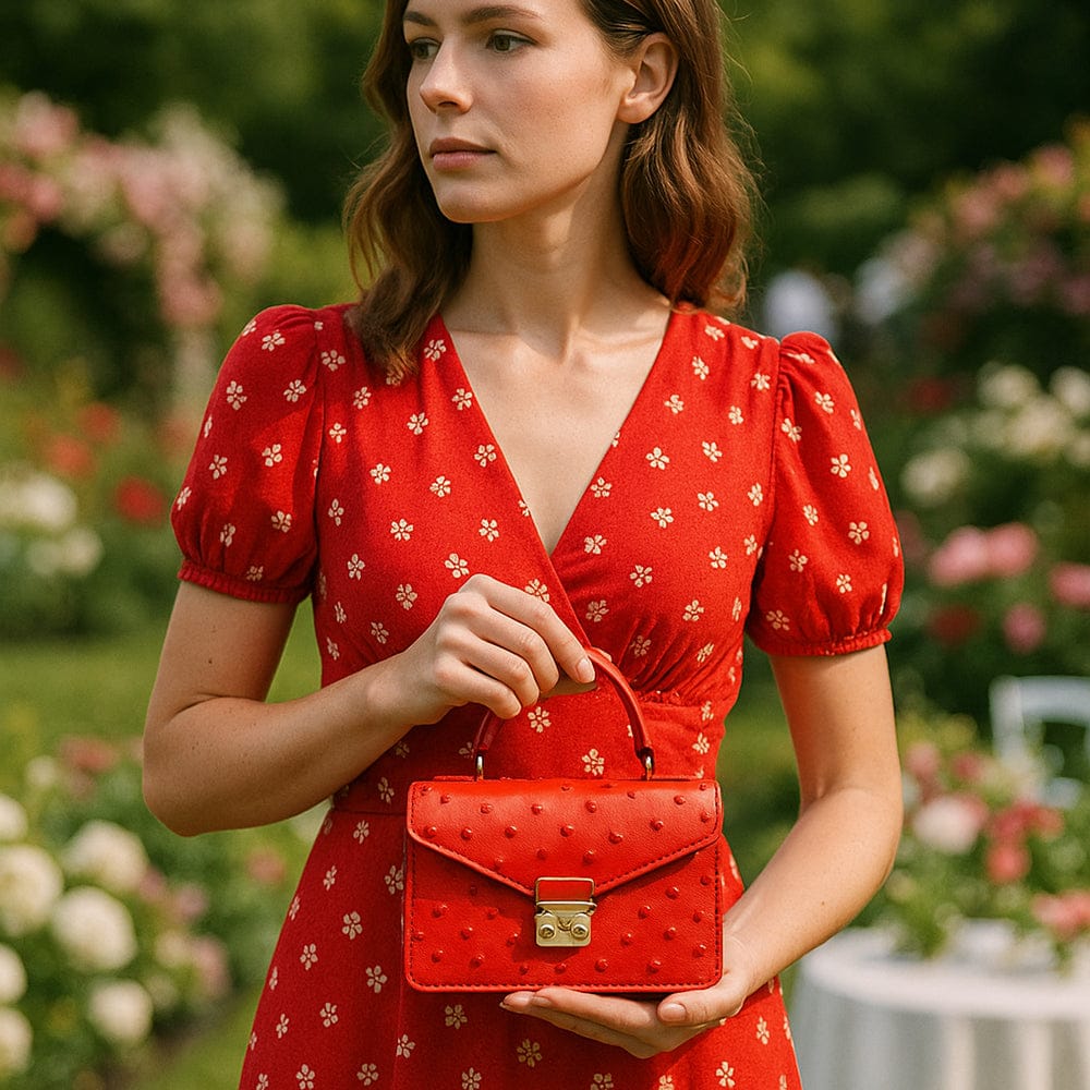 Real ostrich Maya bag, red ostrich, lifestyle