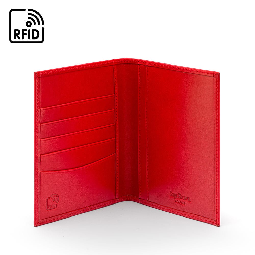 RFID leather passport holder, red, inside view