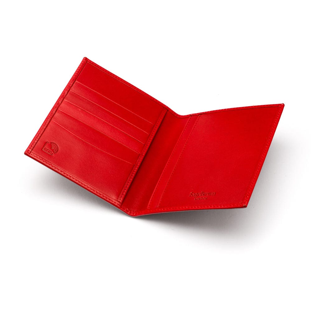 RFID leather passport holder, red, open