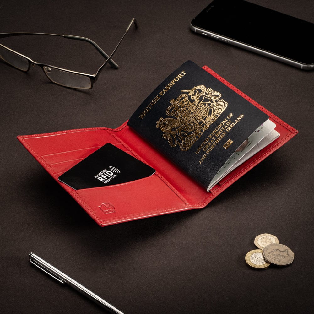 RFID leather passport holder, red, lifestyle