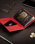 RFID leather passport holder, red, lifestyle