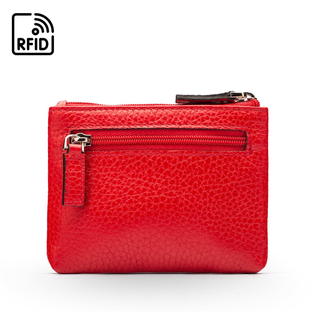 RFID Small leather zip coin pouch, red pebble grain, front view
