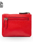 RFID Small leather zip coin pouch, red pebble grain, front view