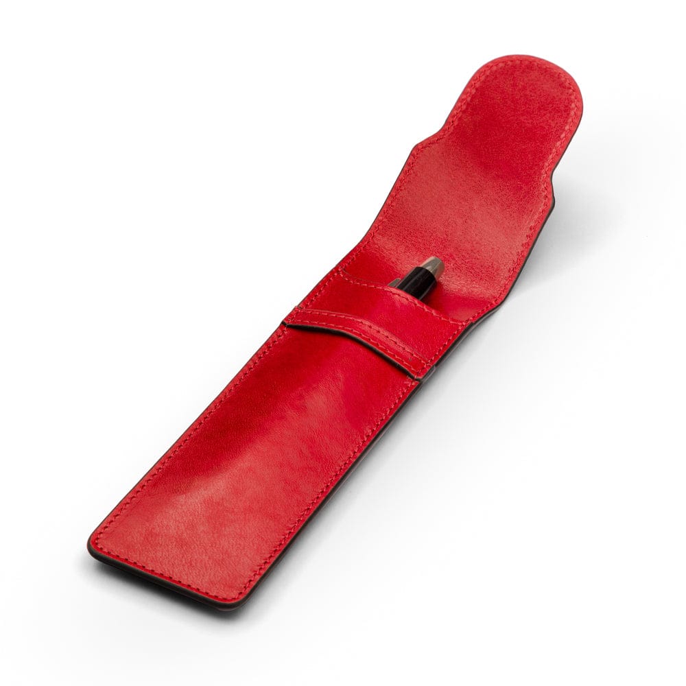 Single leather pen case, red, open
