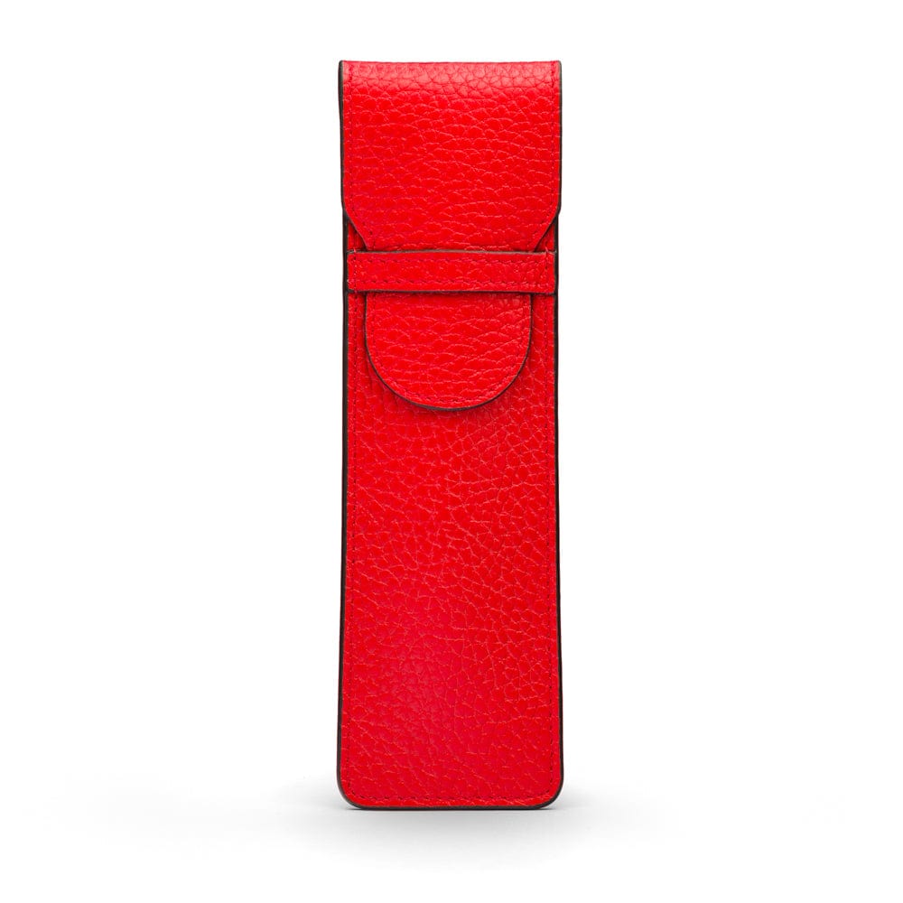 Single leather pen case, red pebble grain, front view