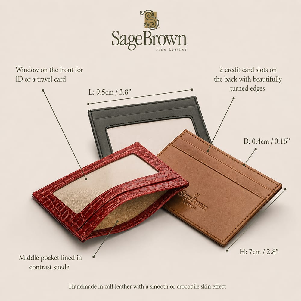 Flat leather card wallet with ID window, features and dimensions
