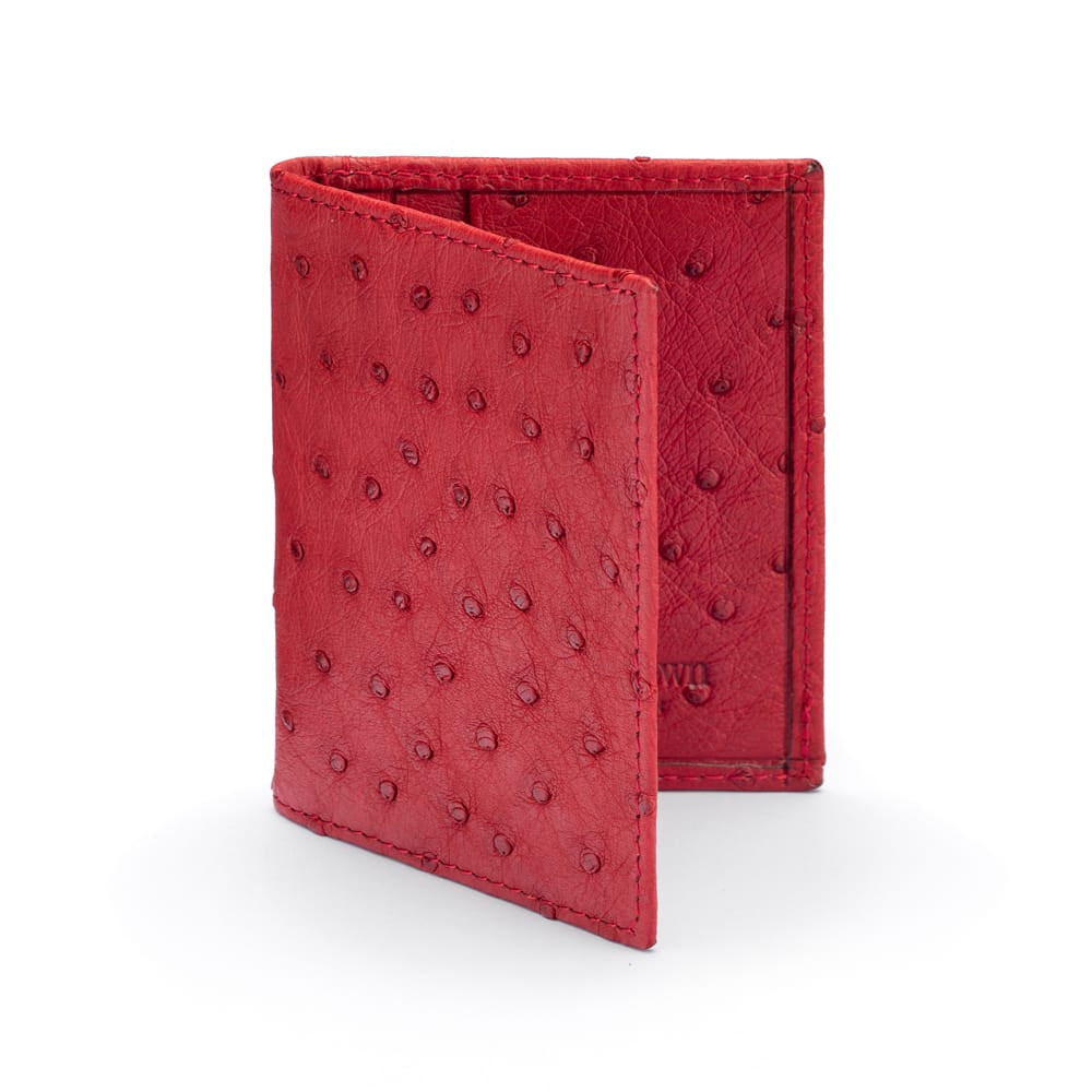 Slim Real Ostrich Leather Bifold Card Wallet with RFID, Red, front