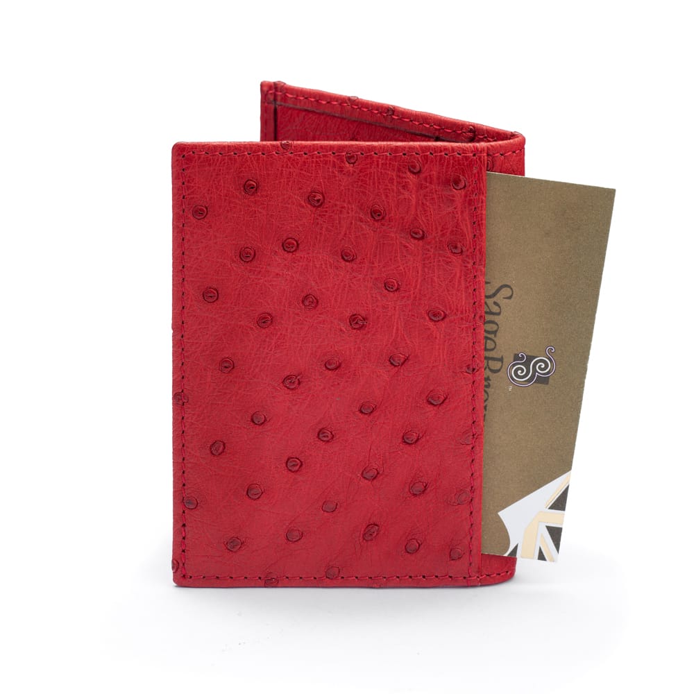 Slim Real Ostrich Leather Bifold Card Wallet with RFID, Red, back