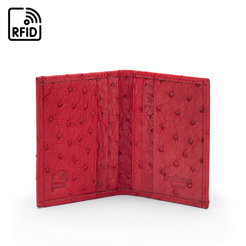 Slim Real Ostrich Leather Bifold Card Wallet with RFID, Red, inside