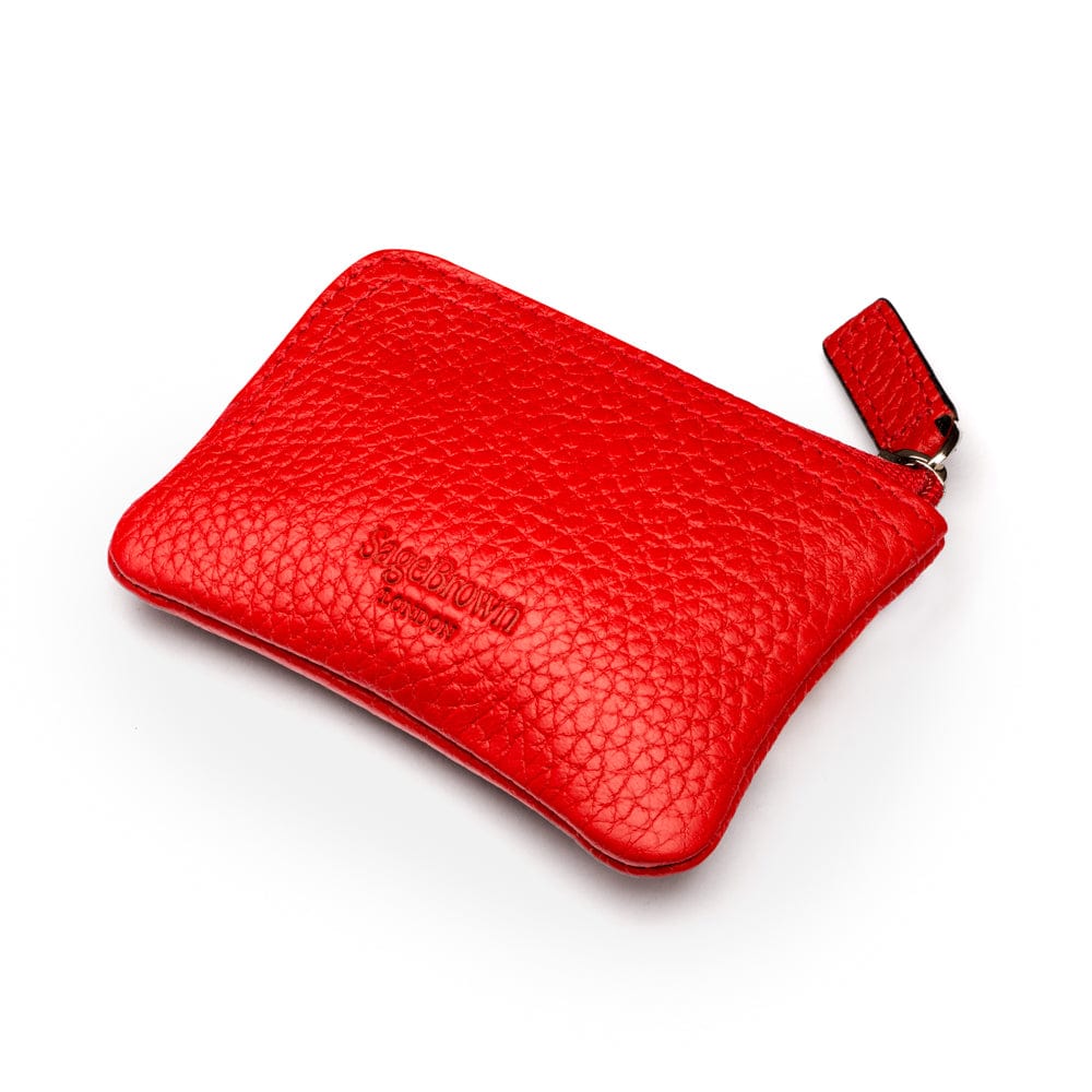 Small leather coin purse with key chain, red, back