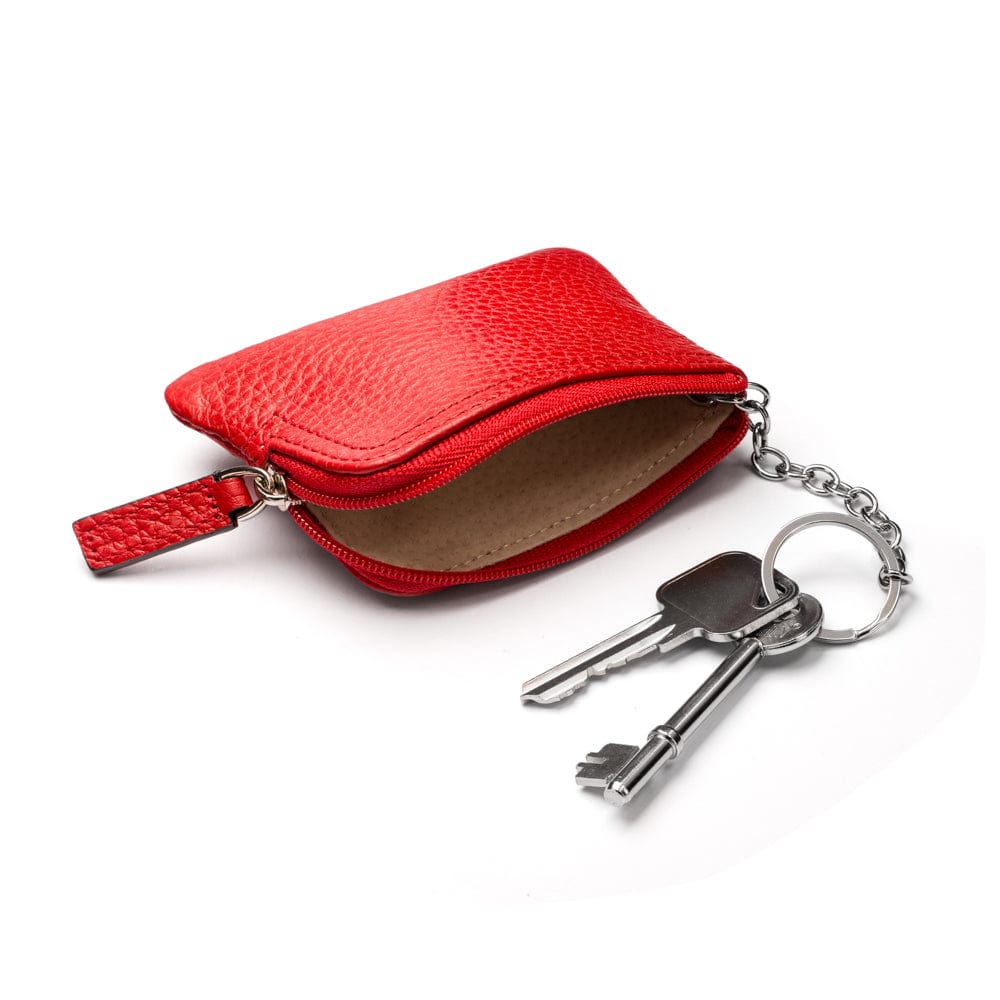 Small leather coin purse with key chain, red, inside