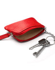 Small leather coin purse with key chain, red, inside