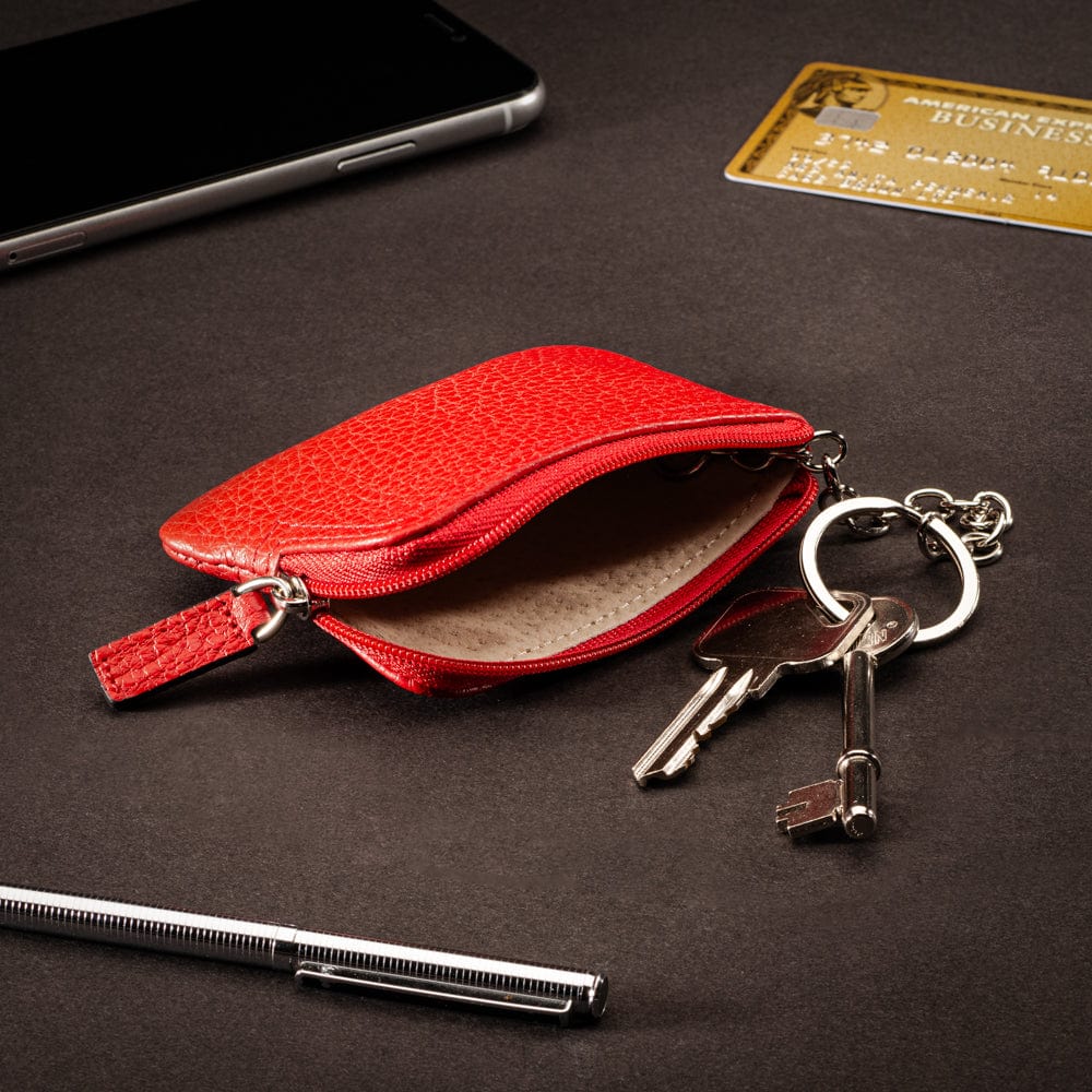 Small Leather Coin Purse with Key Chain Red