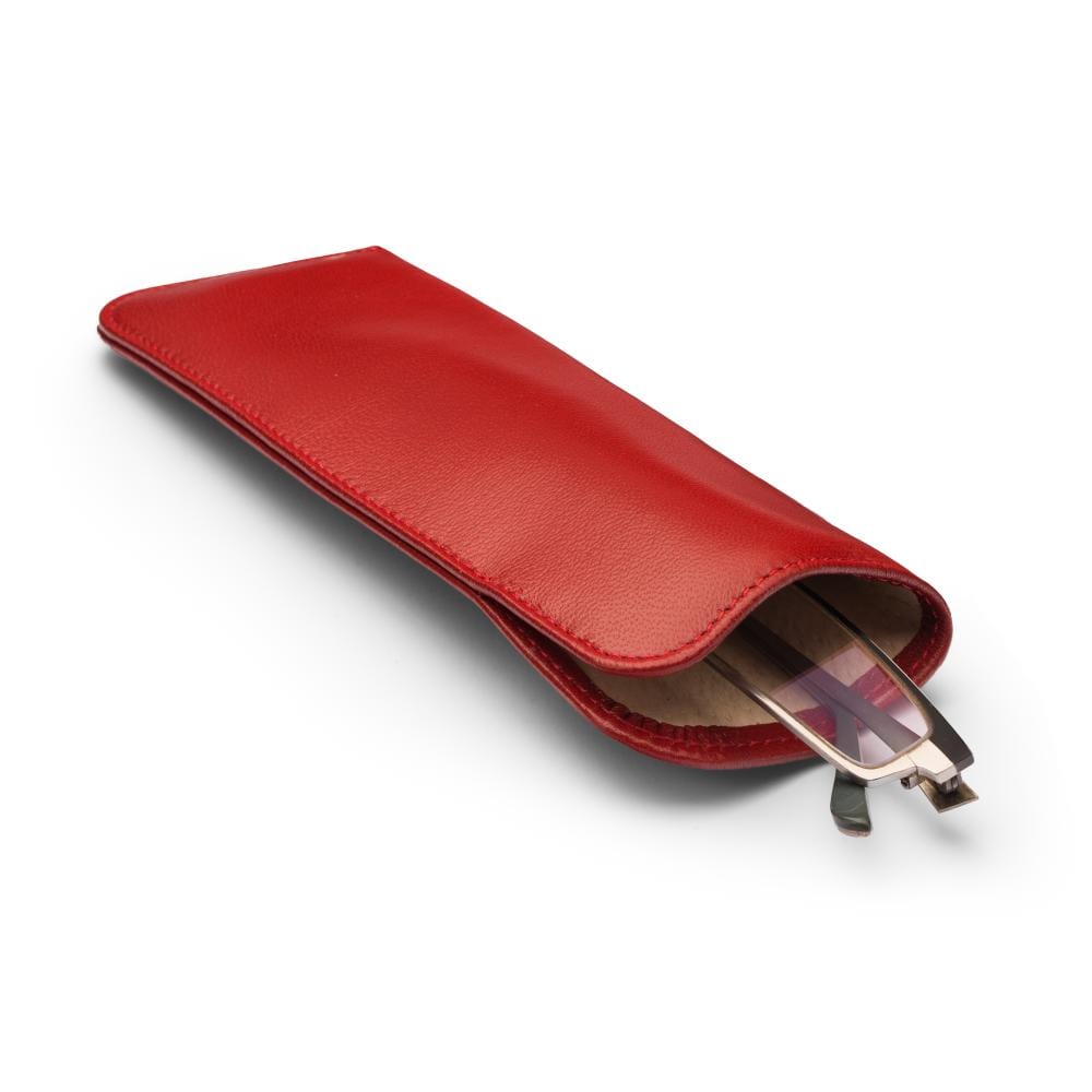 Small leather glasses case, soft red, inside