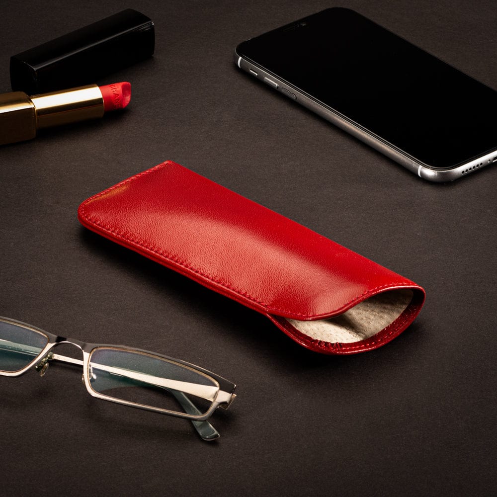 Small leather glasses case, soft red, lifetsyle