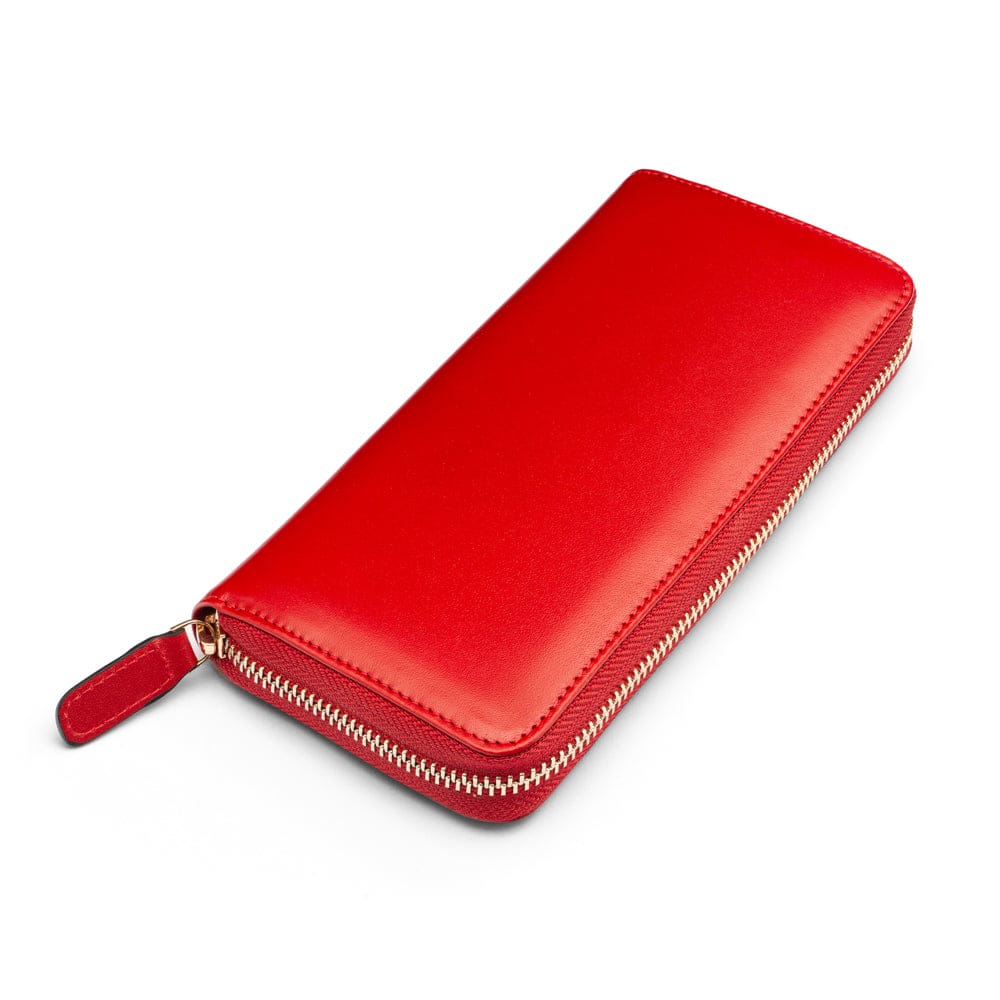 Tall leather zip around accordion purse, red, front