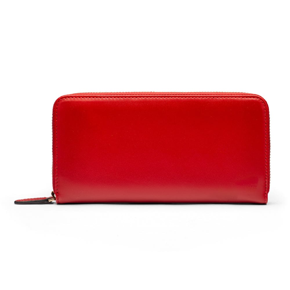 Tall leather zip around accordion purse, red, back