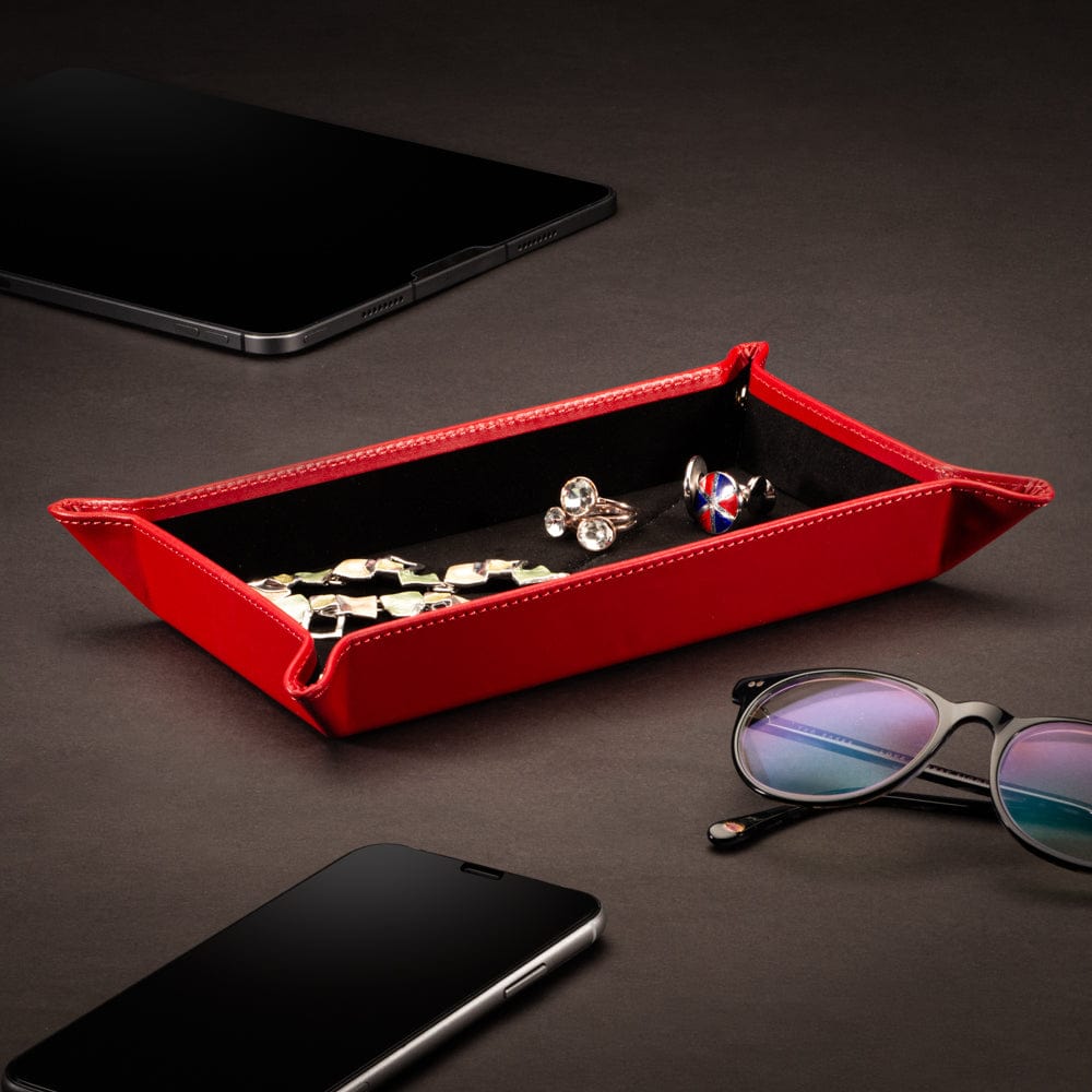 Rectangular leather valet tray, red with black, lifestyle image