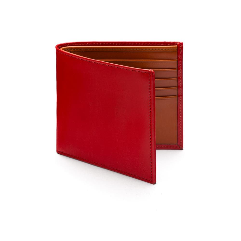 RFID wallet in bridle hide leather, red with orange, open