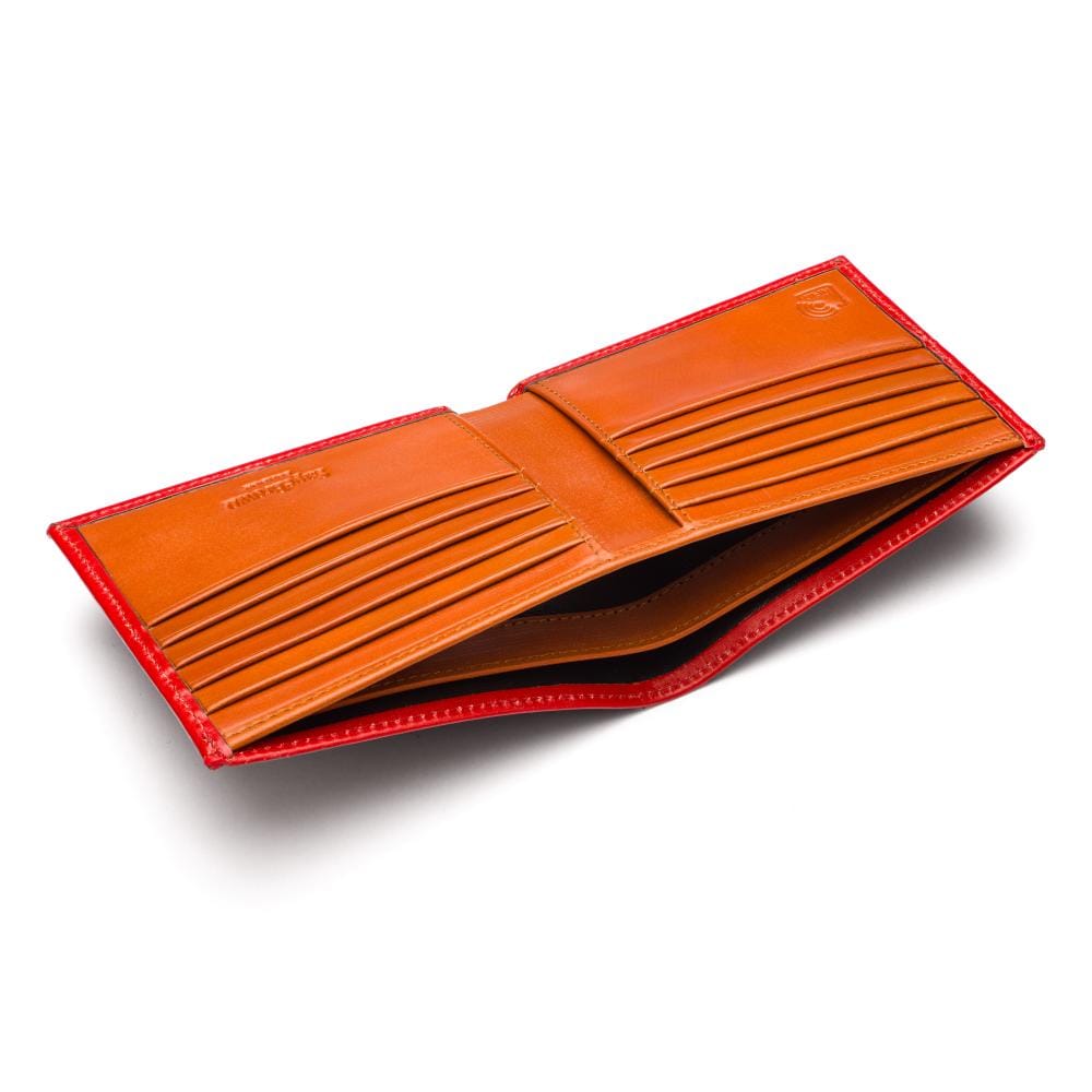 RFID wallet in bridle hide leather, red with orange, inside