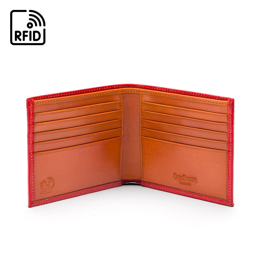 RFID wallet in bridle hide leather, red with orange, open