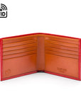 RFID wallet in bridle hide leather, red with orange, open