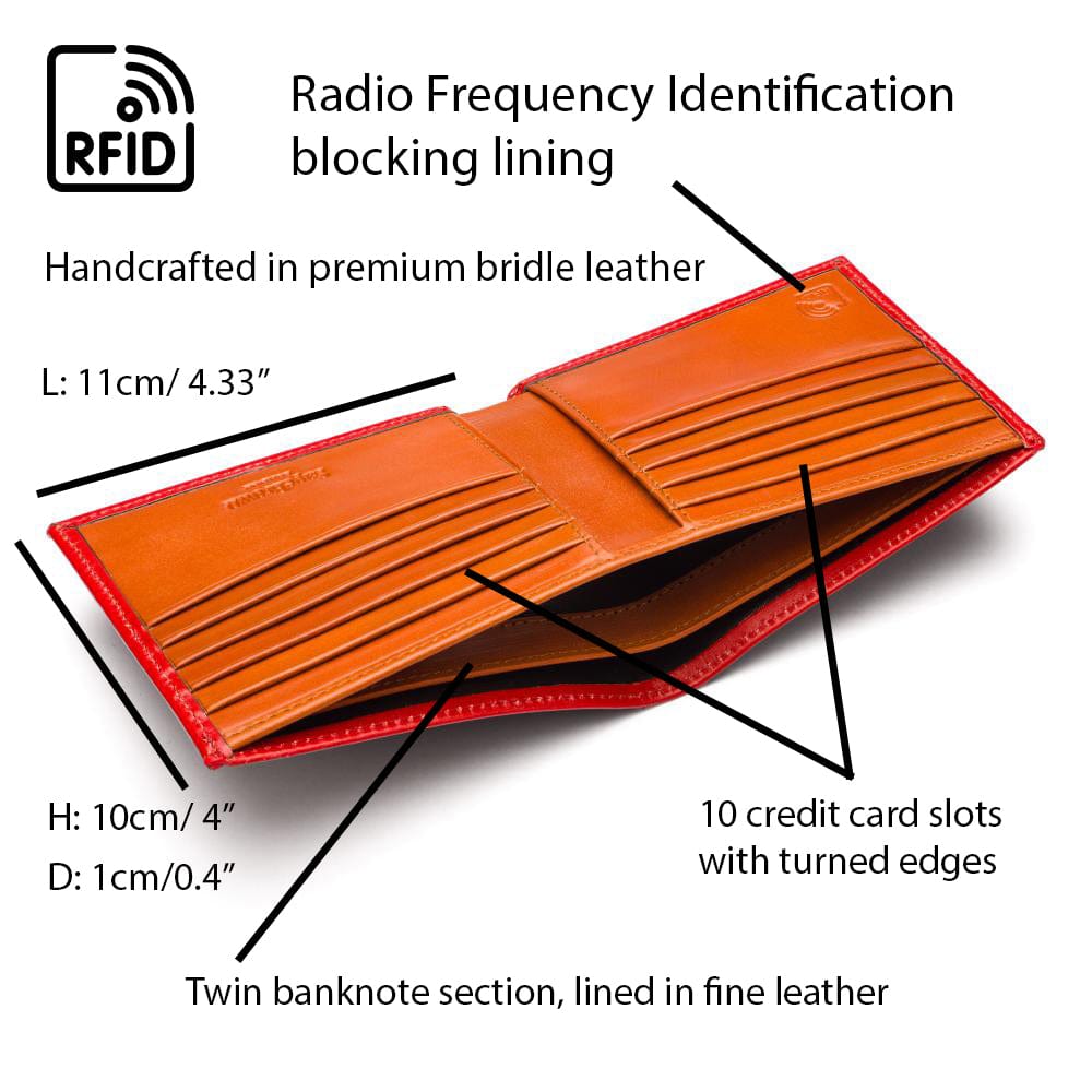 RFID wallet in bridle hide leather, red with orange, features