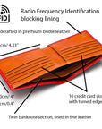 RFID wallet in bridle hide leather, red with orange, features