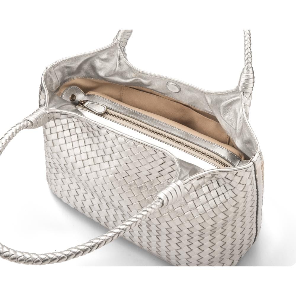 Anya woven leather shoulder bag, silver, inside