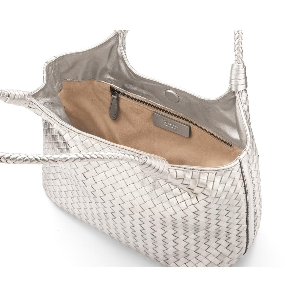 Anya woven leather shoulder bag, silver, open