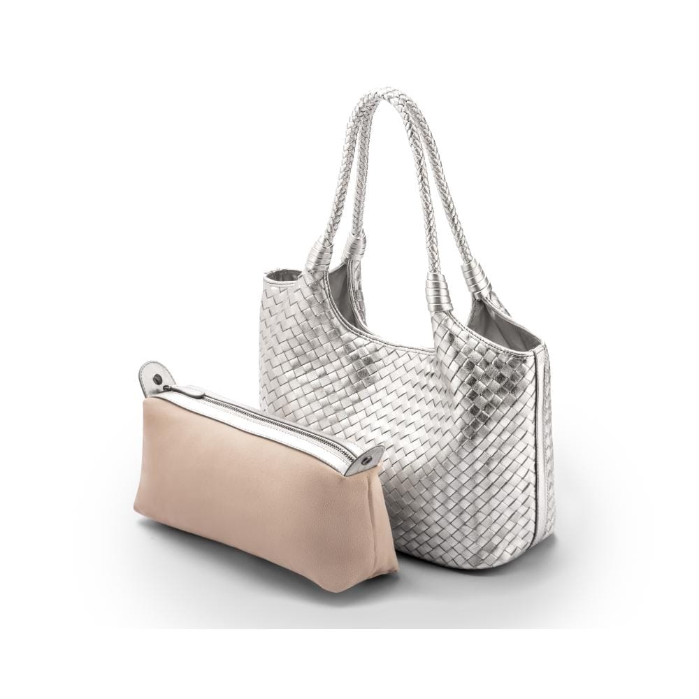 Anya woven leather shoulder bag, silver, inner bag