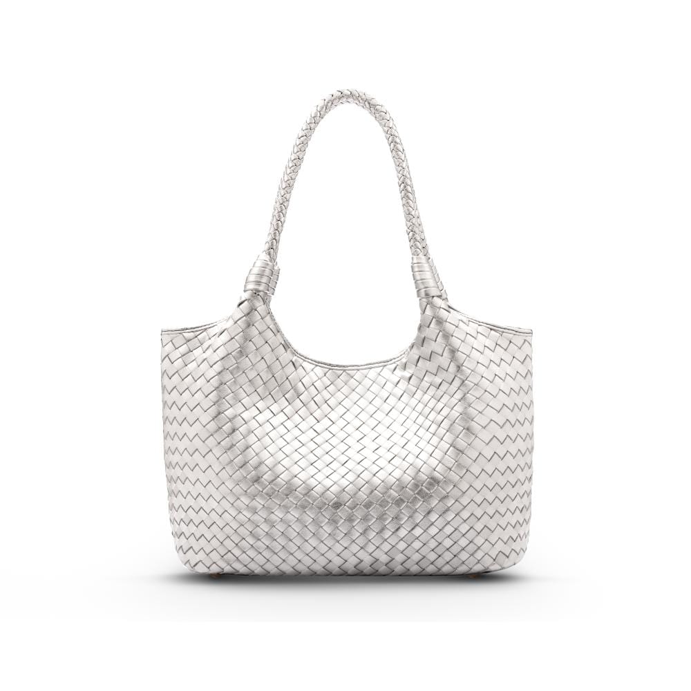 Anya woven leather shoulder bag, silver, front view