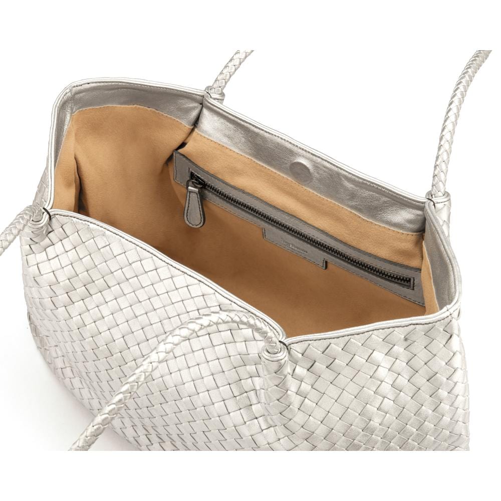 Woven leather slouchy bag, silver, open