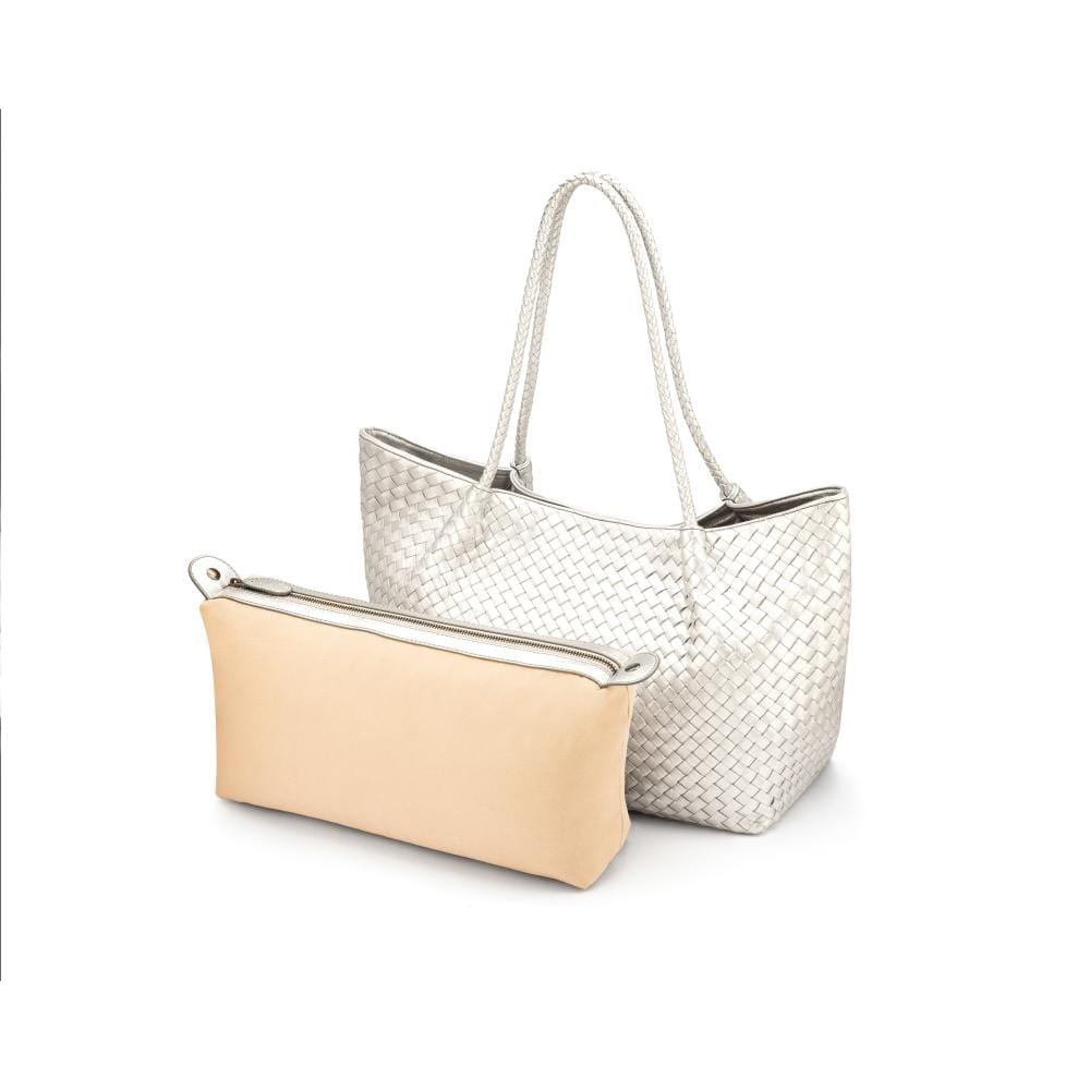 Woven leather slouchy bag, silver, detachable inner bag