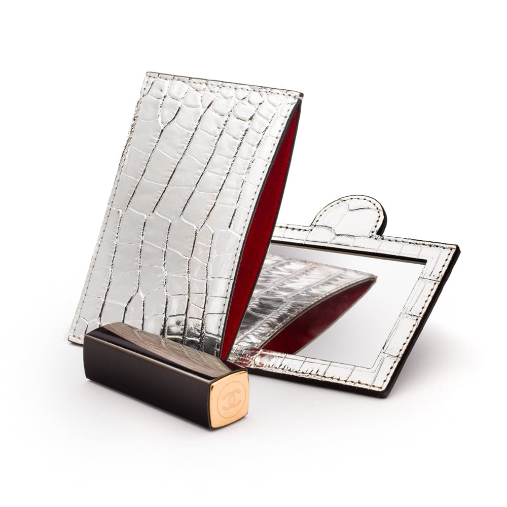 Compact leather mirror, silver croc