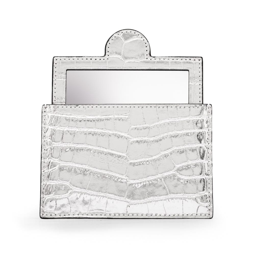 Compact leather mirror, silver croc, front