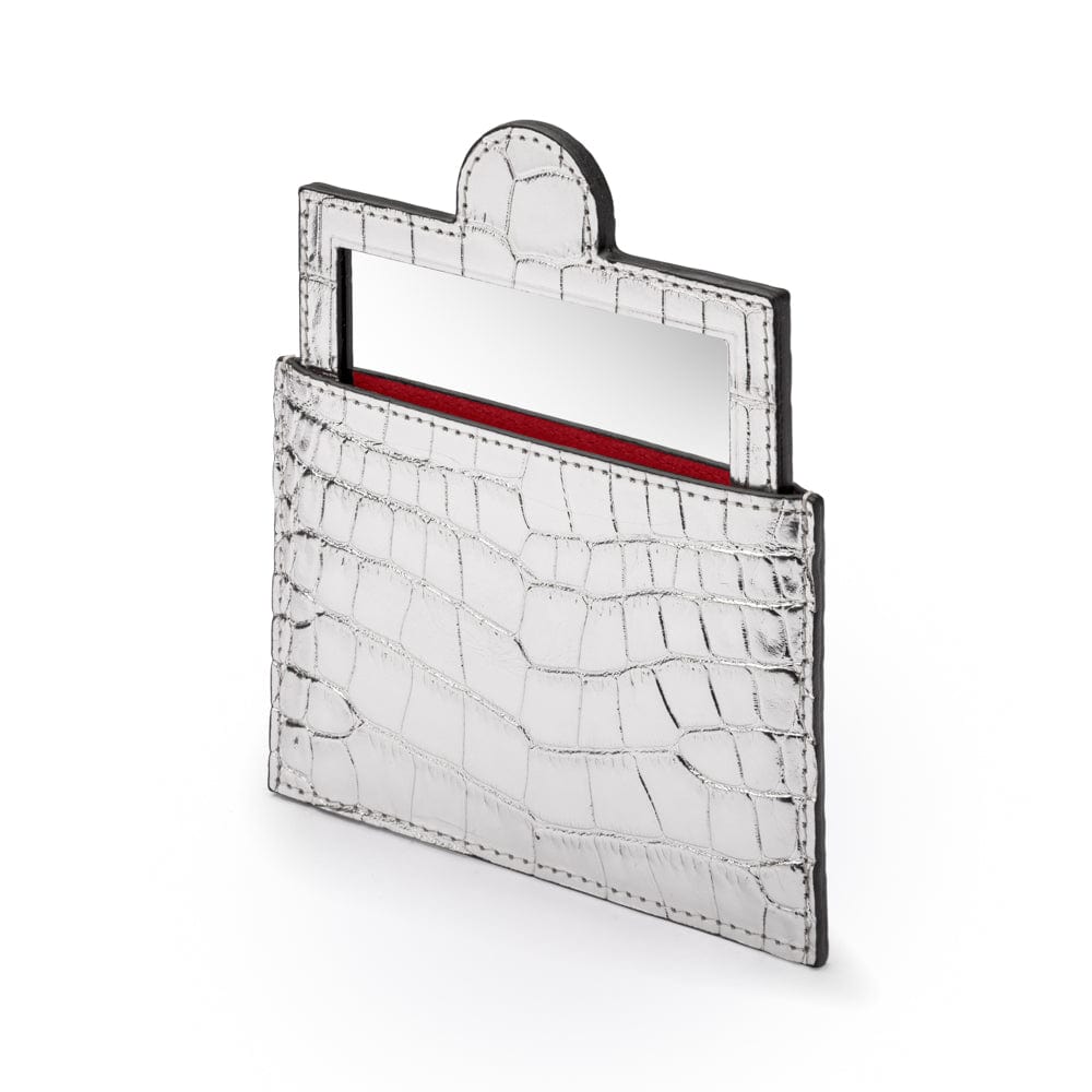 Compact leather mirror, silver croc, side